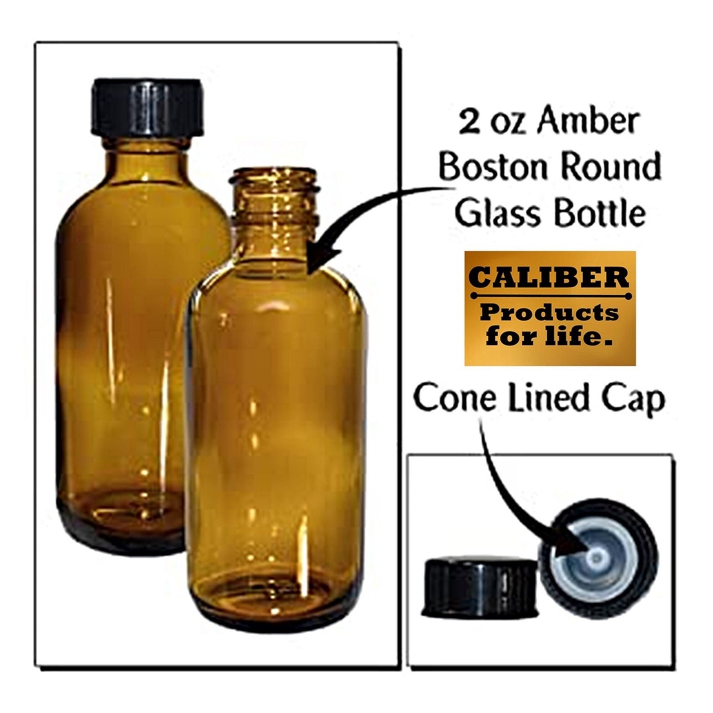 2 Oz Amber Glass Bottles & Cone Lined Cap