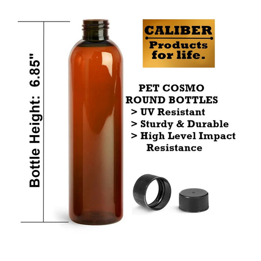 8 oz Amber PET Plastic Bottles + Lined Black Caps BPA Free