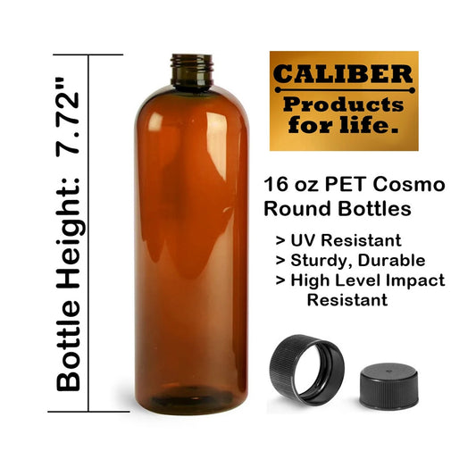 16 oz Amber PET Plastic Bottles + Lined Black Caps